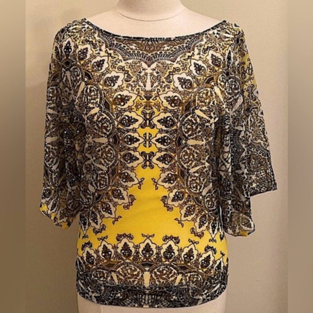 INC International Concepts Yellow Black Geometric M Whimsigoth Edgy Grunge Top